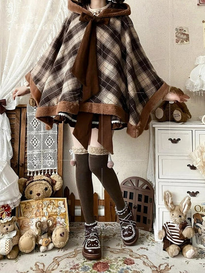 Brown Plaid Pattern Self-tie Big Bow Neckline Christmas Reindeer Hooded Cape Coat