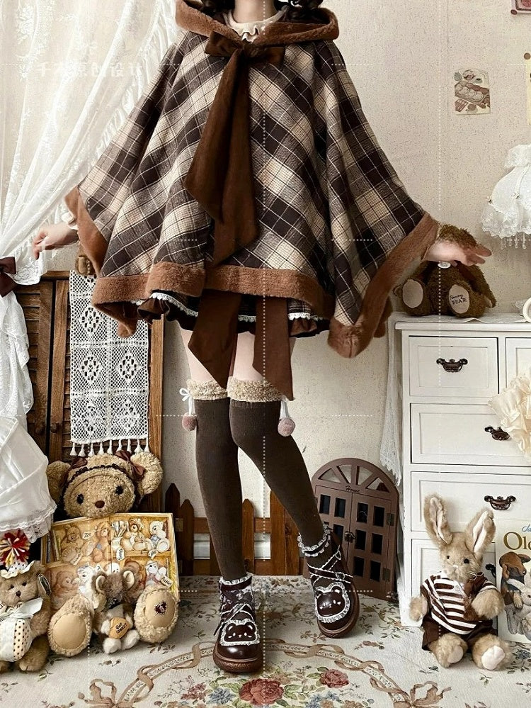 Christmas Bow Big Self-tie Plaid Pattern Hooded Coat Brown Cape Reindeer Neckline