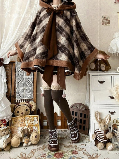Christmas Bow Big Self-tie Plaid Pattern Hooded Coat Brown Cape Reindeer Neckline