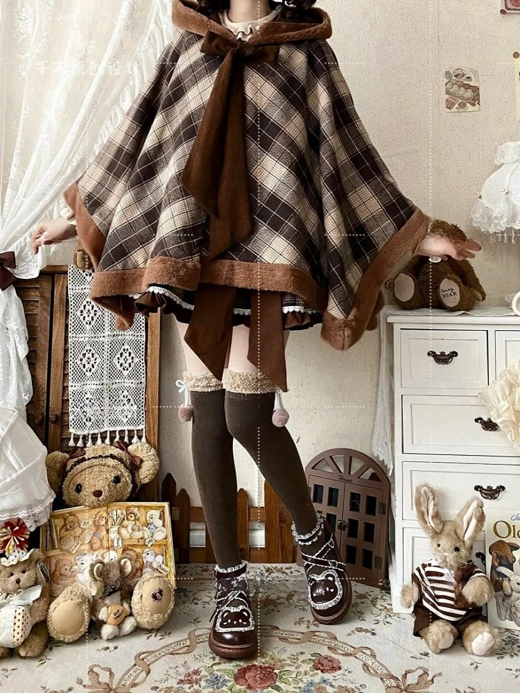 Self-tie Plaid Brown Hooded Reindeer Neckline Bow Big Cape Coat Pattern Christmas