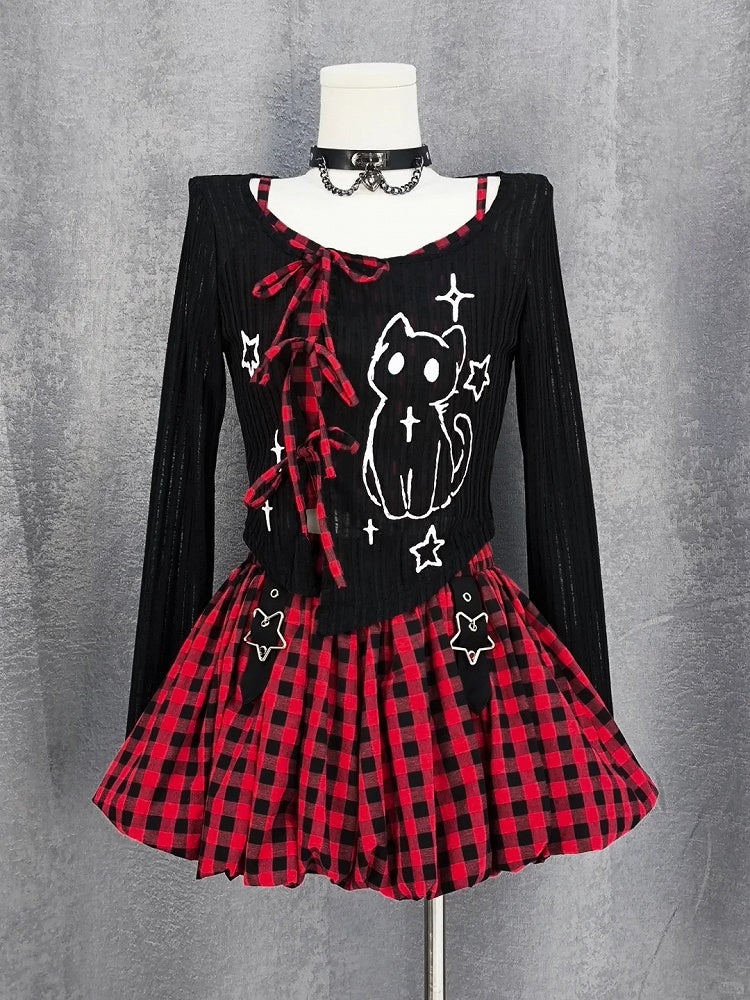 Plaid Bubble Skirt Y2K Gray / Red Star Buckles Black Black