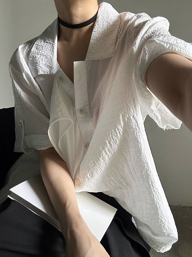 Short-Sleeve Lolita Vintage Flat Transparent Shirt Collar Tie with Ouji Long White Pointed