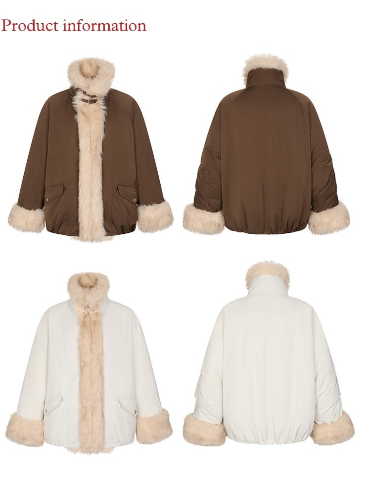 Light Gray/Brown Puffer Jacket with Buckle Strap and Plush Trim