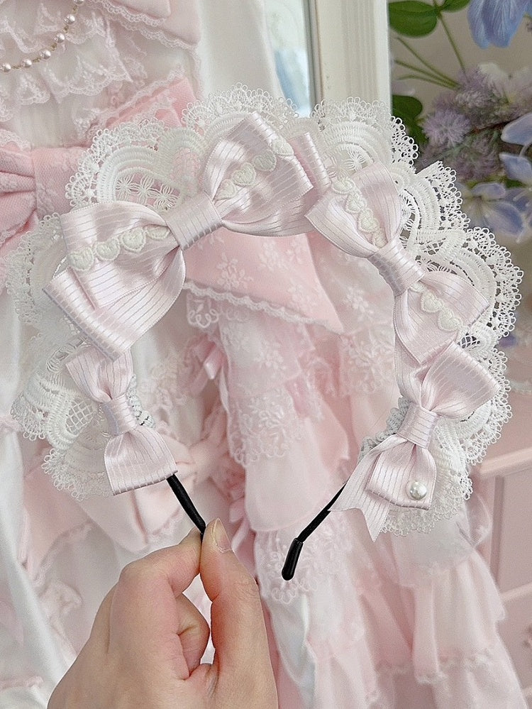 詳細パターンKCハートピンクレースストライプトリム蝶結び装飾