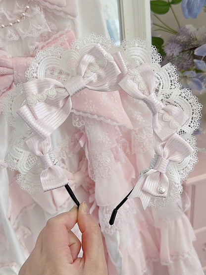 詳細パターンKCハートピンクレースストライプトリム蝶結び装飾