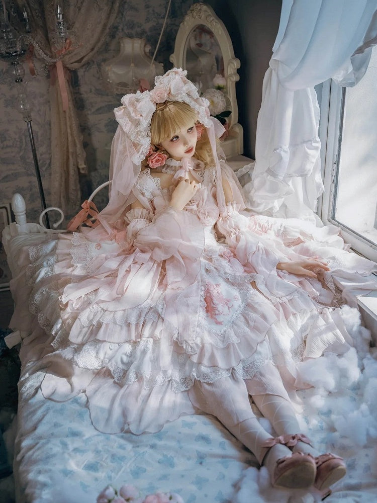 Version JSK Dress Hanayome Lolita Accents Pink with Light Short Flowing Ruffles Rose Layered