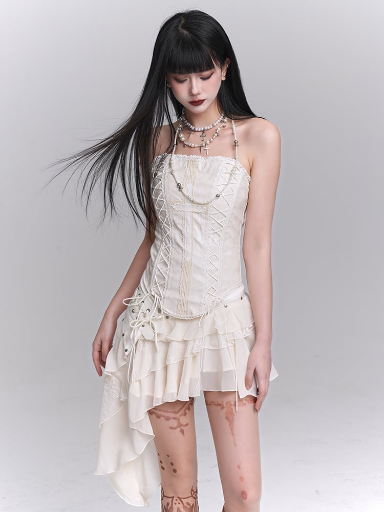 アシンメトリーヘムティアードスカート ストラップレストップ レース編み上げ ベージュクロスアップリケ /