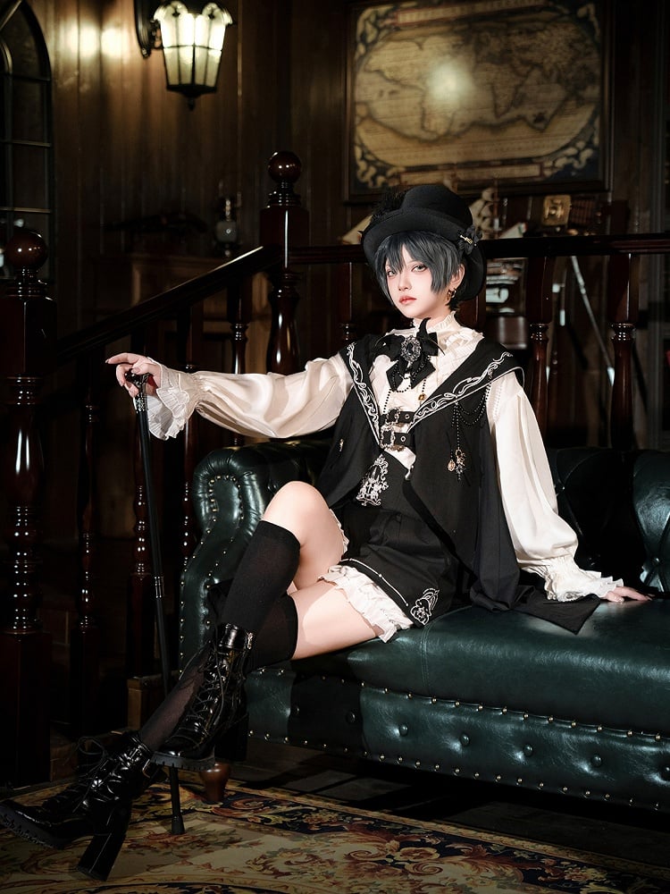 Waist Ouji Overall Black Waistcoat Bunny + Shorts Split-Tail High Lolita Hooded Ear Shirt