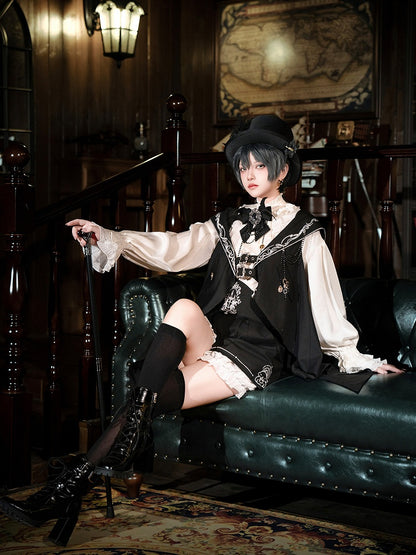 Black Bunny Ear Hooded Outfit Set with Waistcoat & Shorts - Xiong Dou Jiang