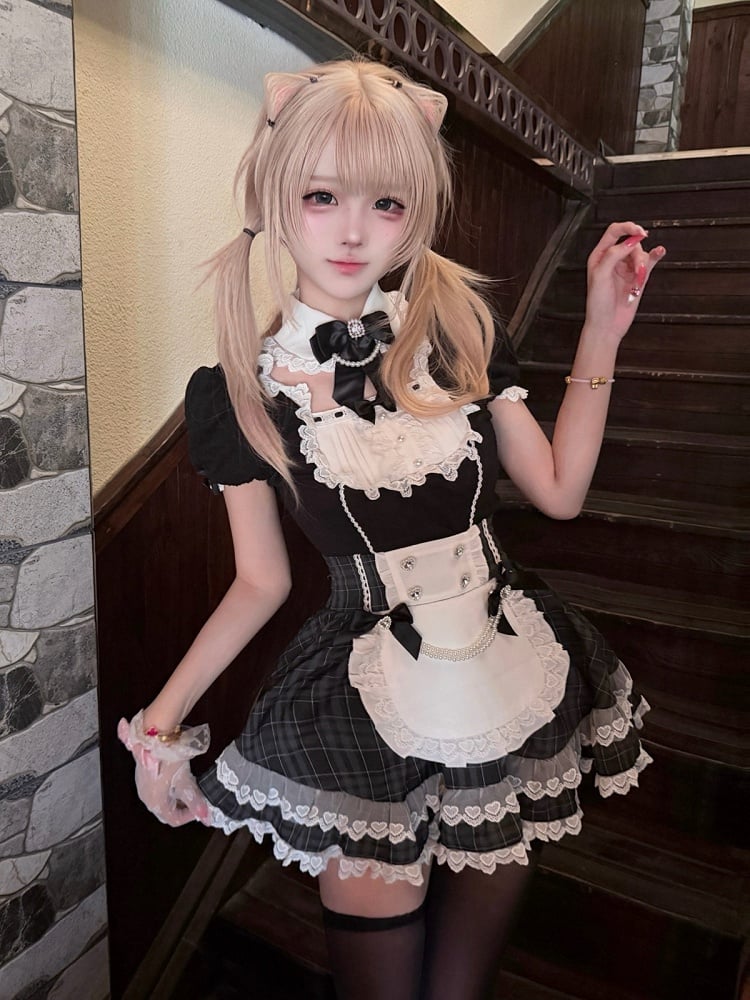Bunny Ear Puff Sleeve Top with Lace & Bows, Black & White Maid Style - kukuwa