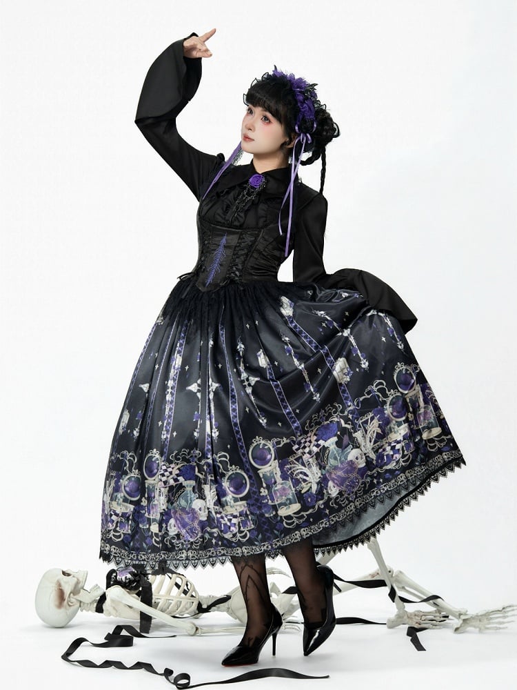 Purple Rosette and Skull Print Gothic Lolita Corset Under Bust JSK Dress - Sweetheart Love Song