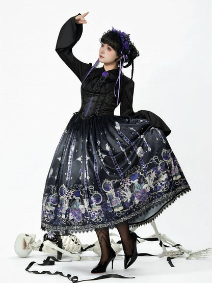 Purple Rosette and Skull Print Gothic Lolita Corset Under Bust JSK Dress - Sweetheart Love Song