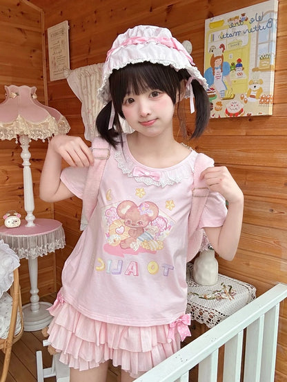 ショートバージョン 愛らしいマウスプリント ホワイト/ピンク レーストリム Tシャツ