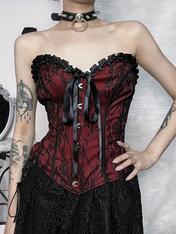 Halloween Gothic Red Ribbon Corset Floral Bow Top Detail Black Embroidery with