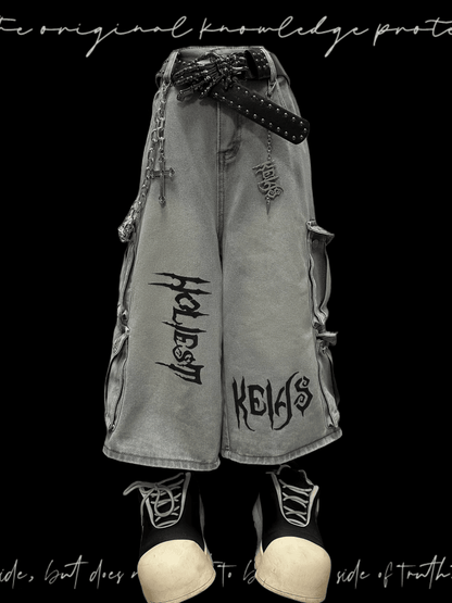 ジーンズフリーライトブルーパンクロックワイドレッグカーゴチャーム付き