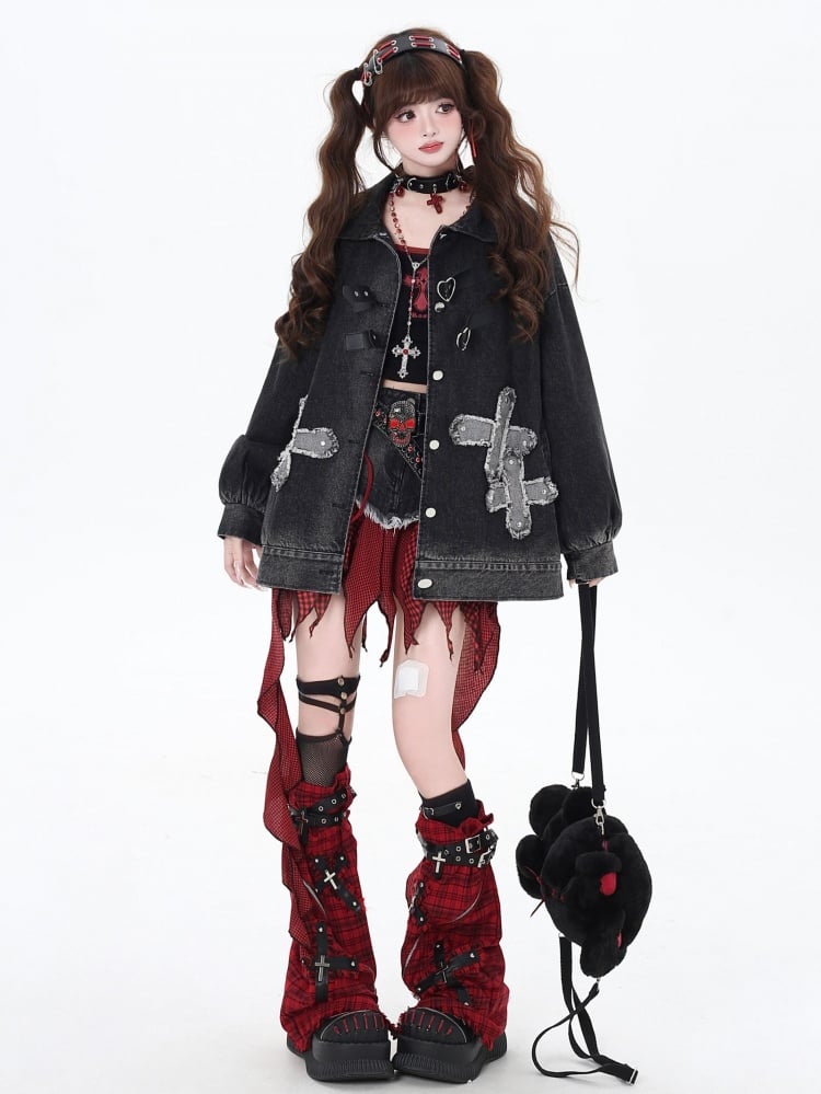Punk Rock Nieten Kreuze Schwarze Lose Jeansjacke