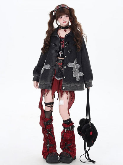 パンクロックスタッズクロスブラックルーズデニムジャケット