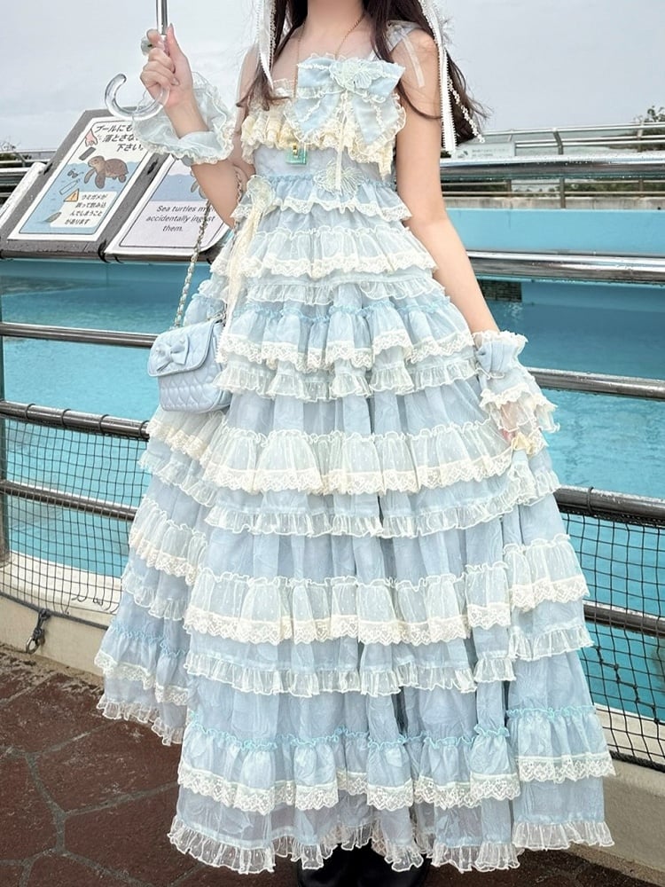 Ruffle Dress Sweet with Straps Blue Embroidery Lolita Adjustable and Multi-Layered Goldfish