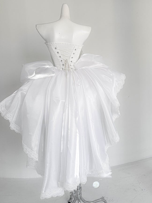 Rhinestones Balletcore Puffy Skirt White with Decorated Set Boned Corset Waist Strapless Top