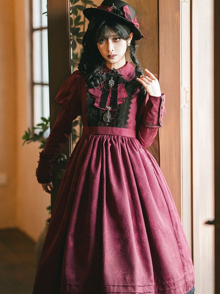 Juliette Red Dress Sleeves Pattern Spider Lace Trim and Black with Gothic Lolita Web