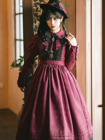 Juliette Red Dress Sleeves Pattern Spider Lace Trim and Black with Gothic Lolita Web