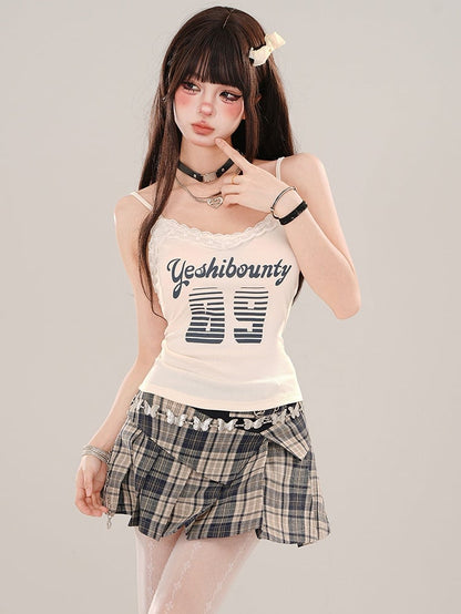 レッド/ブルーバックルストラップハイウエストチェック柄プリーツミニスカート