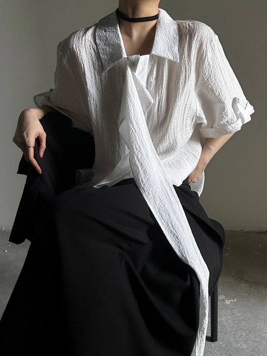 Short-Sleeve Lolita Vintage Flat Transparent Shirt Collar Tie with Ouji Long White Pointed