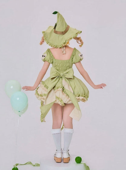 Green Ruffled Sweet Lolita Fluffy OP Dress Full Set