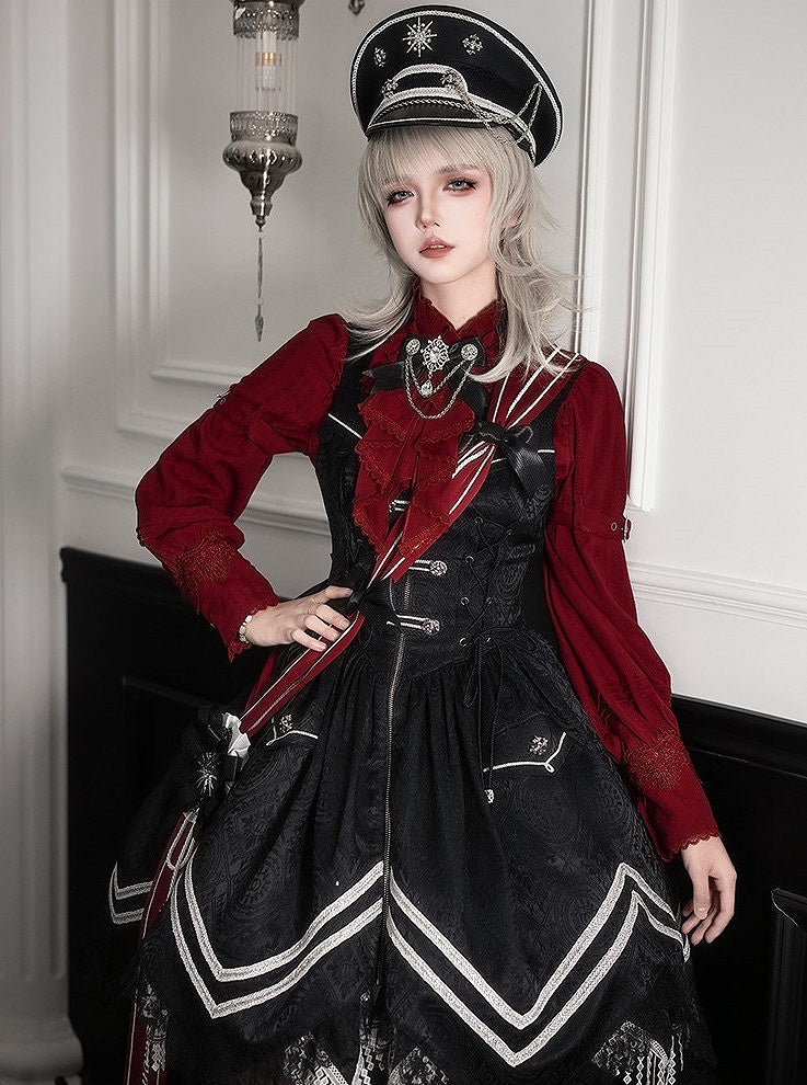 Ruffled Tie Bow Lace and Red with Neckline Lolita Blouse Long-sleeved Details
