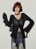 Black Butterfly Print Long Sleeve V-neck Knit Cardigan with Inner Top - Girlyhalo