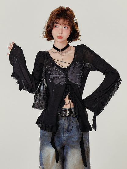 Black Butterfly Print Long Sleeve V-neck Knit Cardigan with Inner Top - Girlyhalo