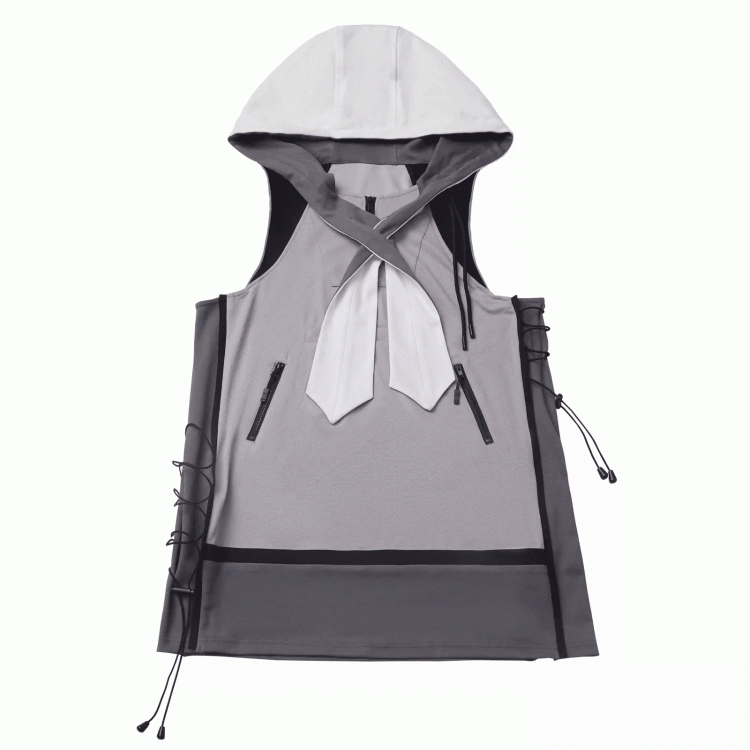 ドレスサイドテックウェアフード付きベストグレーカラーブロックデザインドローストリング