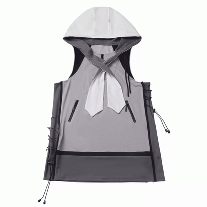 ドレスサイドテックウェアフード付きベストグレーカラーブロックデザインドローストリング