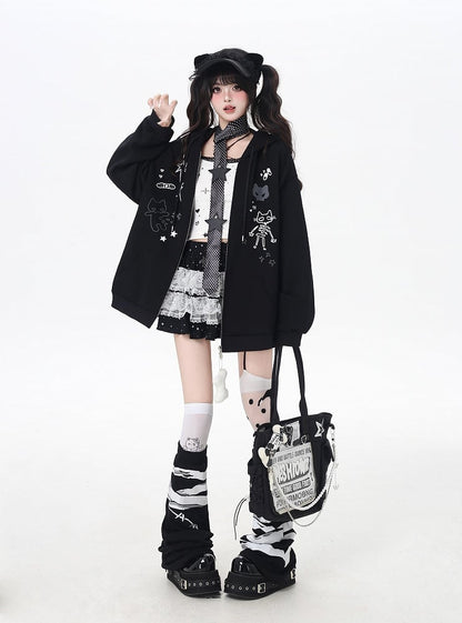 Bone Plushie Black/Gray Zip-up Hoodie with Kitty Ears Hood and