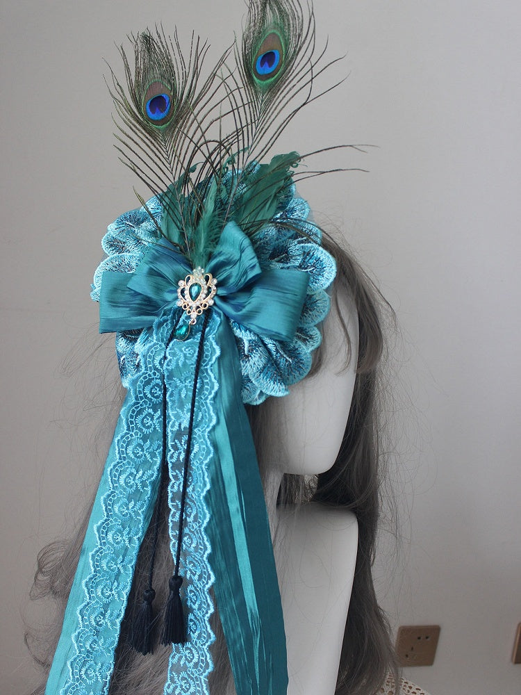 Blue Bowknot Rhinestone Hairclip Decorated Feather Design Tassels Peacock