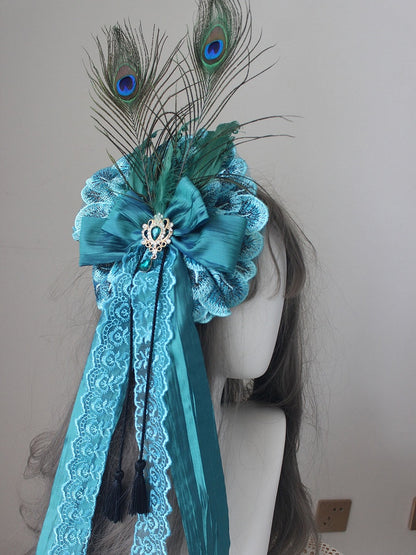 Blue Bowknot Rhinestone Hairclip Decorated Feather Design Tassels Peacock