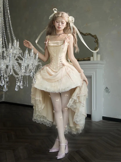 シャンパンレースアップディテールボーンコルセットトップ+ハイローレイヤードロリータスカートBE002