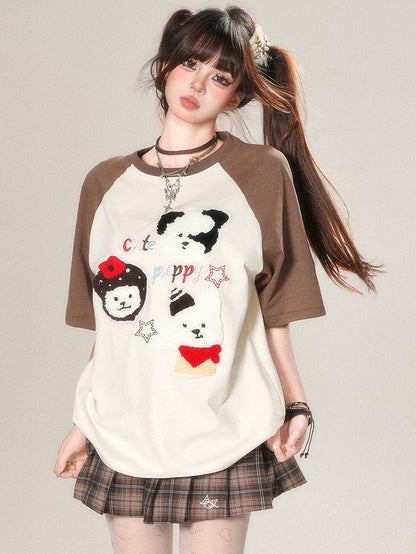 T-Shirt Plüsch Kawaii Beige/Blau Welpe Buchstaben Applikation Stickerei Alltag