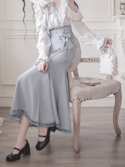 Kei Illusion Blouse Jirai Long Lace Cutout - Blue Shoulder White Sleeve Trim Top Neckline