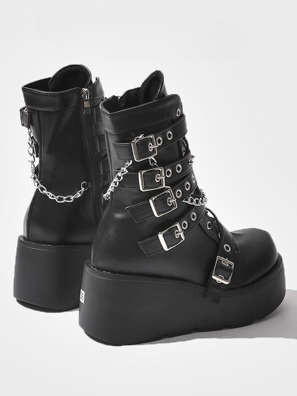 with Matte Gothic Platform Boots - Details Mid-Calf Black Charm Closure Buckle Lace-Up Cross and Chain