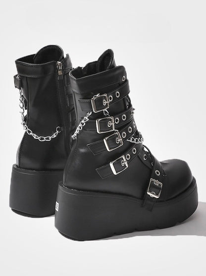 with Matte Gothic Platform Boots - Details Mid-Calf Black Charm Closure Buckle Lace-Up Cross and Chain