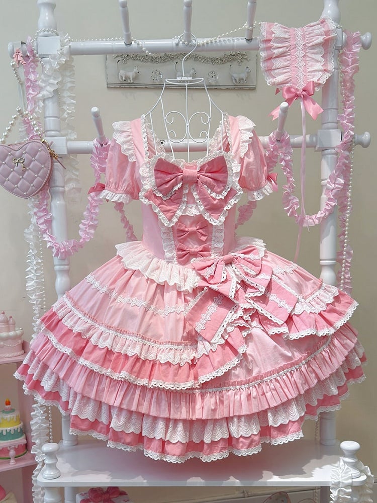 Dress Pink Sweet Lolita Short Piece One Sleeves Bow Accents
