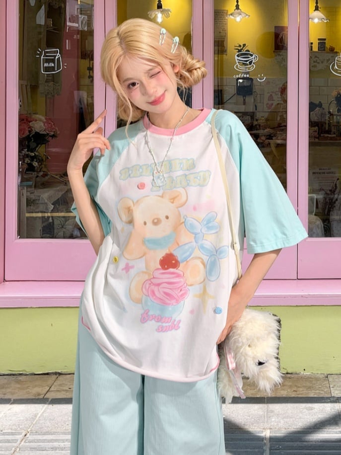 Mint Blue Colorblock Design Bear Print Loose Cute T-shirt