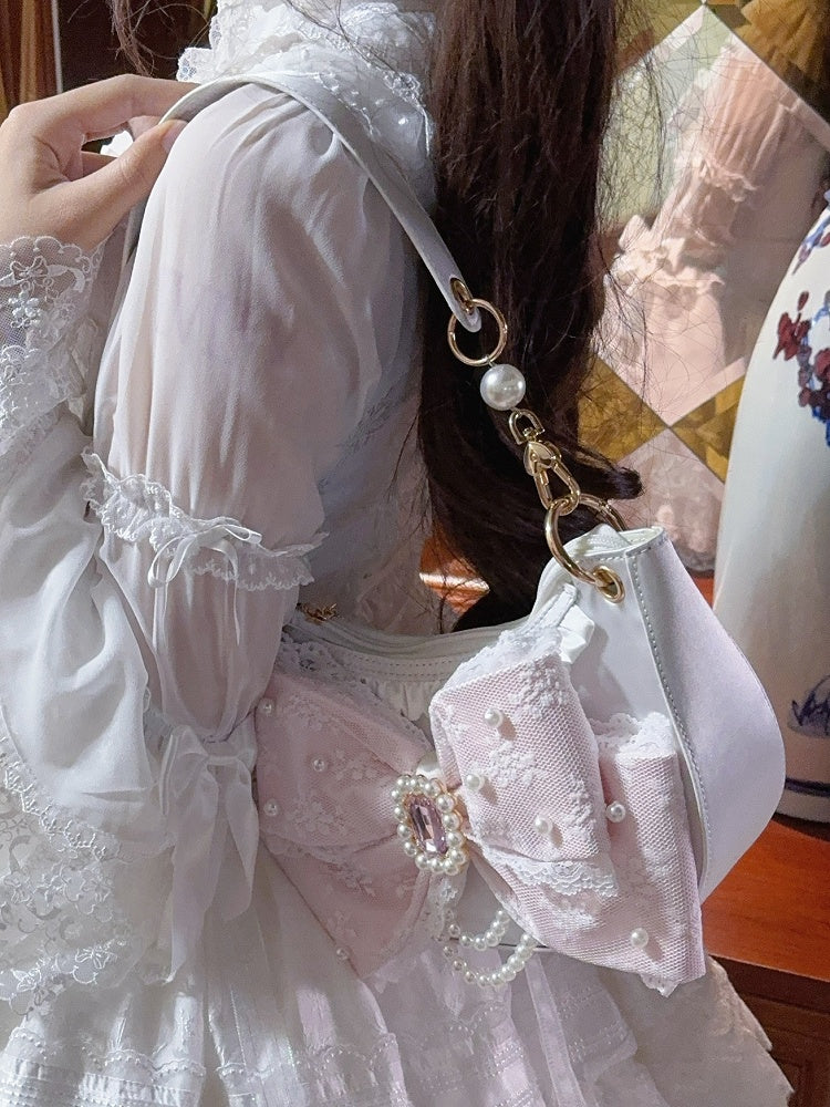 Bag Lolita in White Shoulder Sweet Rhinestone Satin Beads Embellished - Bow Lace