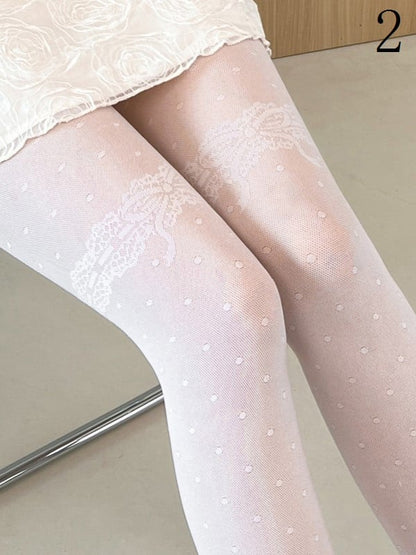 Semi-sheer Options Polka-dot 5 Bowknot Pattern Lolita Tights Black/White