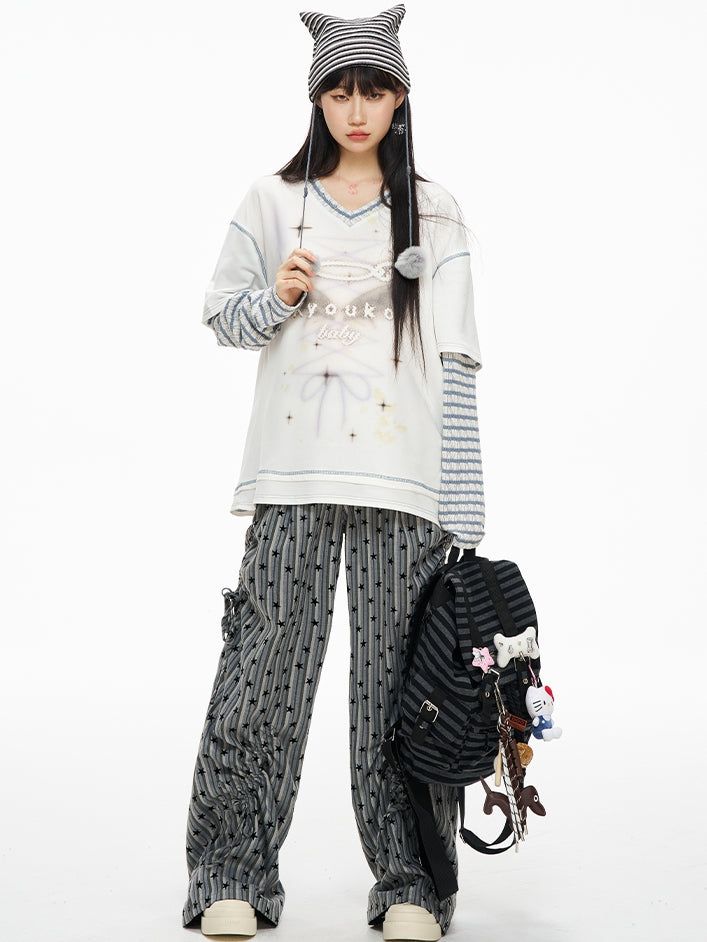 Gray Star-Striped Wide-Leg Pants with Ruched Cuffs