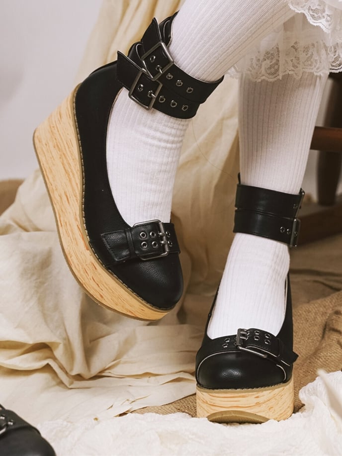 Janes in with Black Decor Buckles Closure Platform Ankle - Mary Layered PU