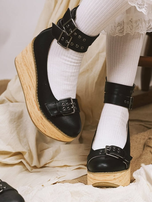 Janes in with Black Decor Buckles Closure Platform Ankle - Mary Layered PU