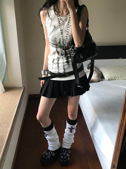 Subcultural Sleeveless Top White Deocr Metal Eyelet Print with