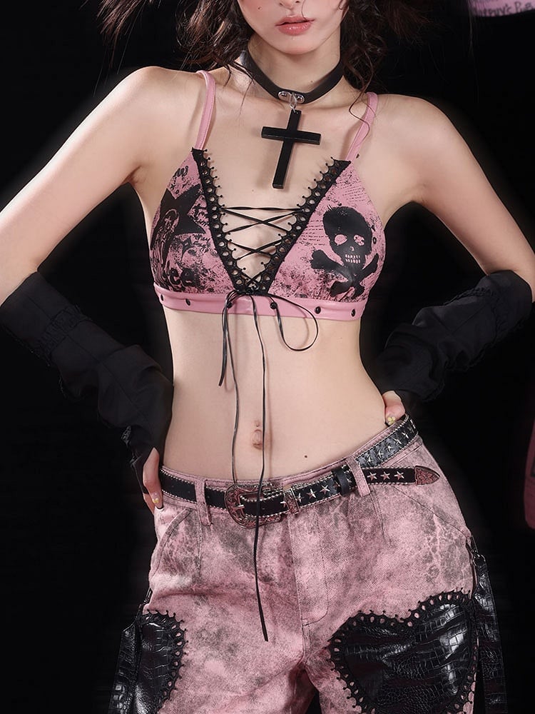 Edgy Pink Punk Bra with Skeleton Prints  Criss-cross Lace-up
